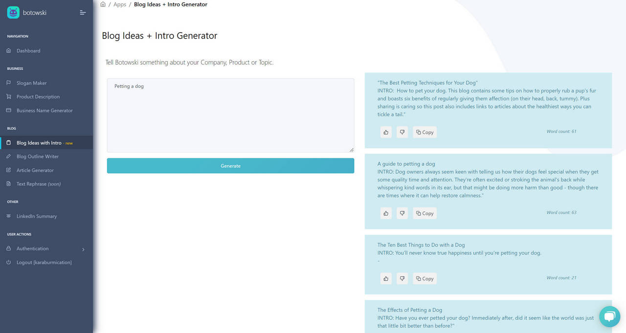 Blog outline writer interface